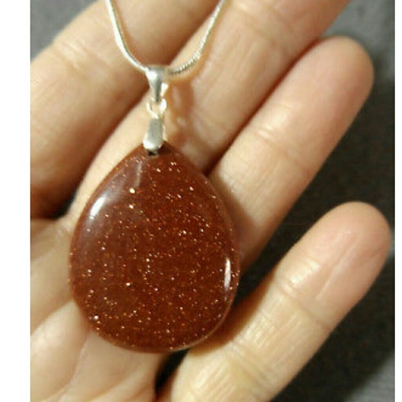 New GOLDSTONE Pendant & Silver Necklace Set 925 Rust Gold flecked jewelry Pretty - Picture 4 of 5